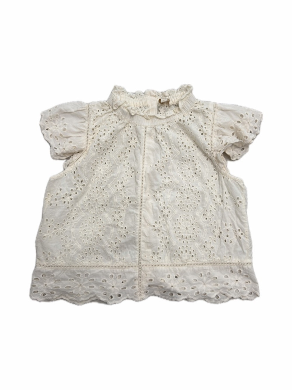 Eyelet Ruffle Neck Short Sleeve Top - Cream